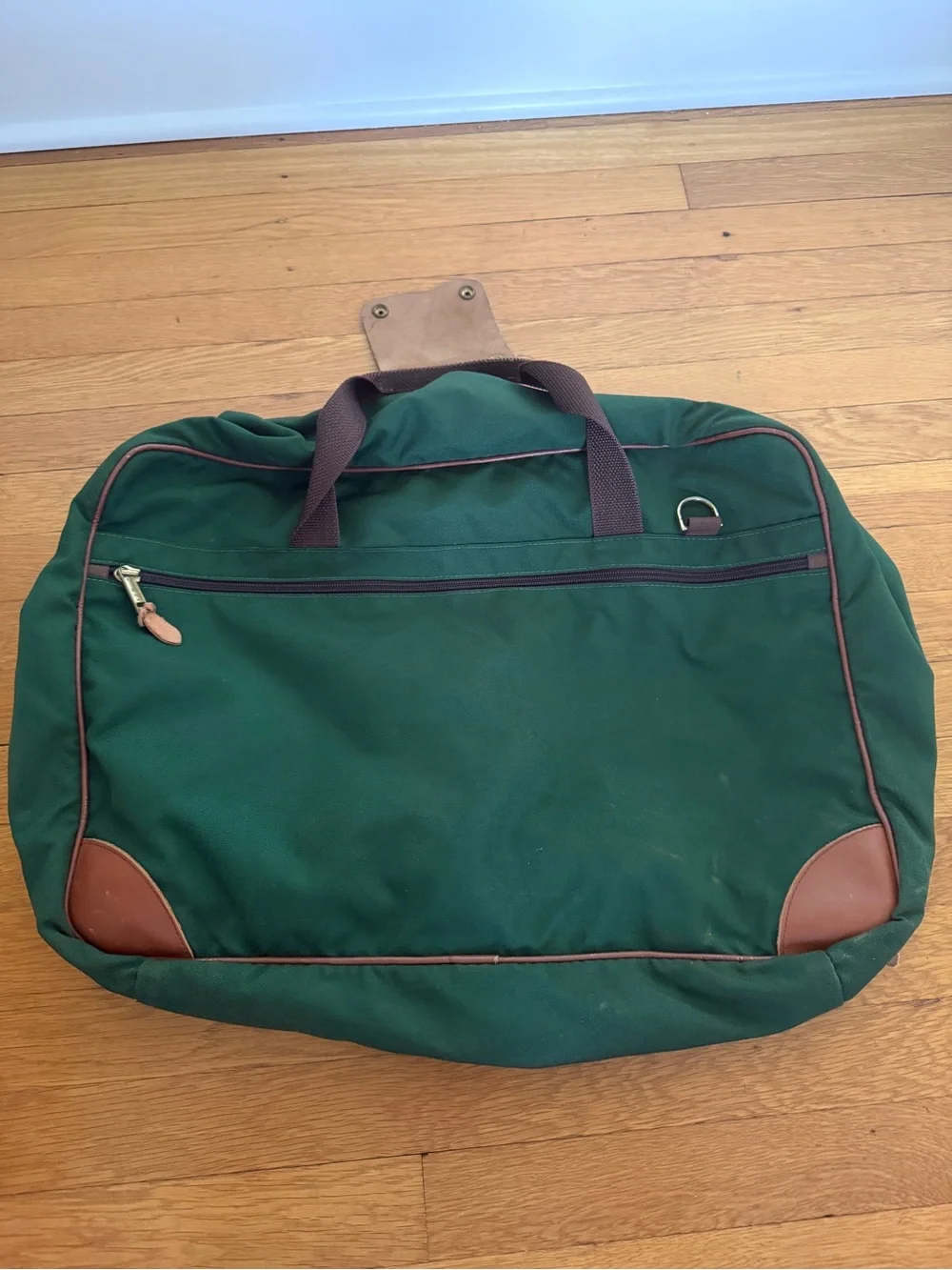 L.L. Bean Forest Green Suitcase with Brown Leather Accents